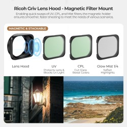 Freewell Real Lens Hood for Ricoh GRIV with Magnetic CPL, UV & Glow Mist 1/4 Filters (3 filter Pack)